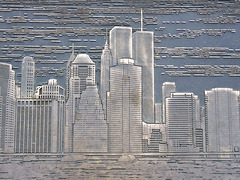 Detail of the Twin Towers on the Relief of the Pre-911 NY Skyline on the Brooklyn Promenade, May 2008