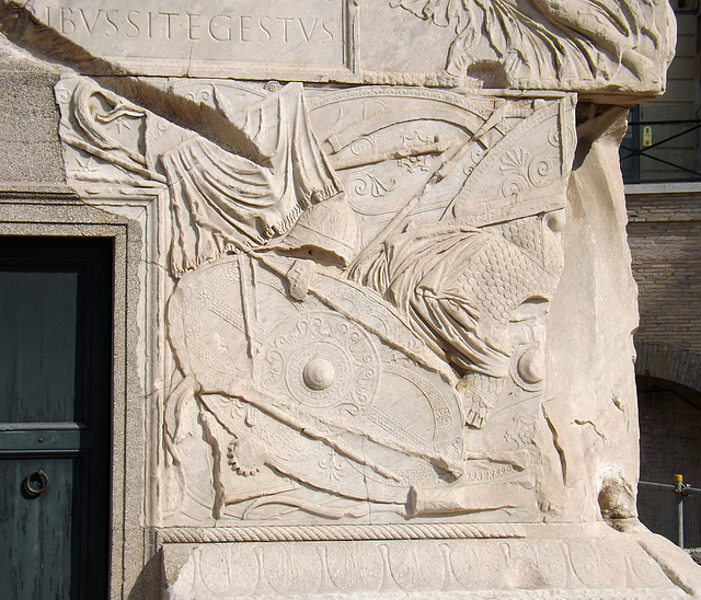 Detail of the Trophies on the Base of the Column of Trajan in Rome, July 2012