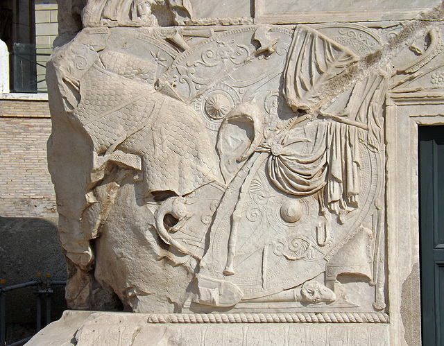 Detail of the Trophies on the Base of the Column of Trajan in Rome, July 2012