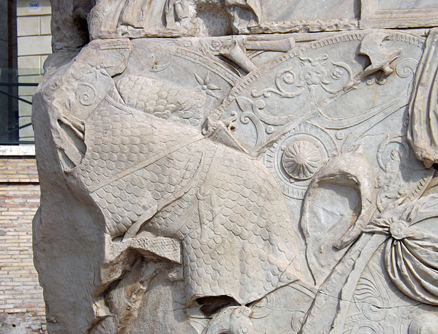 Detail of the Trophies on the Base of the Column of Trajan in Rome, July 2012