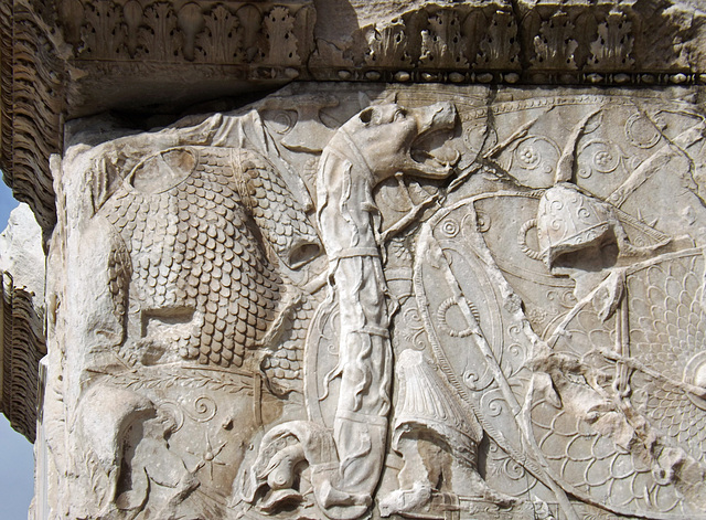 Detail of the Trophies on the Base of the Column of Trajan in Rome, July 2012