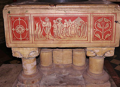 st.peter's church, vauxhall, london,font by pearson, images on mastic inlaid into stone incised by nicholl. 1874