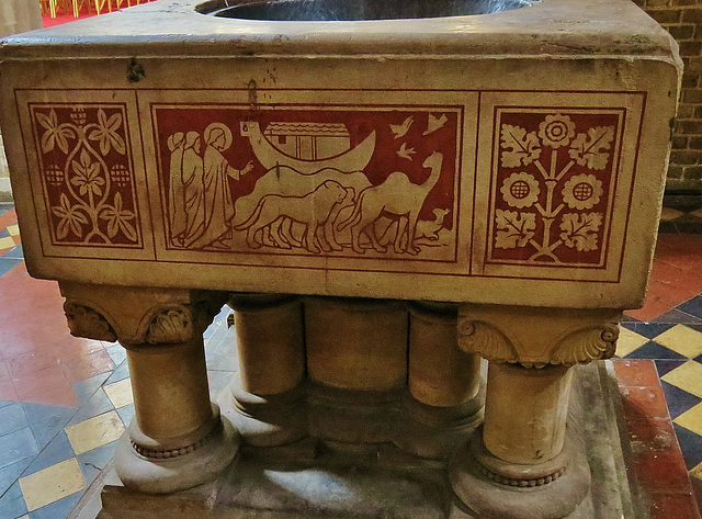 st.peter's church, vauxhall, london,font by pearson, images on mastic inlaid into stone incised by nicholl. 1874