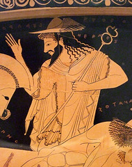 Detail of Hermes on the front of the Euphronios Krater in the Metropolitan Museum of Art, Sept. 2007