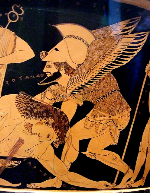 Detail of Sarpedon and Thanatos on the front of the Euphronios Krater in the Metropolitan Museum of Art, Sept. 2007