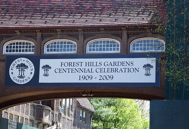 Centennial Sign on the Bridge in Station Square in Forest Hills Gardens, April 2010