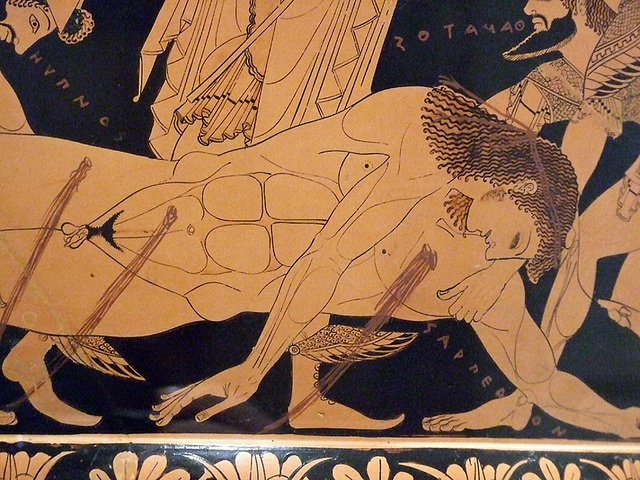 Detail of Sarpedon on the front of the Euphronios Krater in the Metropolitan Museum of Art, Sept. 2007