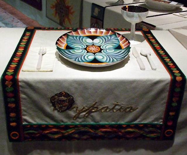 Setting for Hypatia in the Dinner Party by Judy Chicago in the Brooklyn Museum, August 2007