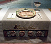 Setting for Hrosvitha in the Dinner Party by Judy Chicago in the Brooklyn Museum, August 2007