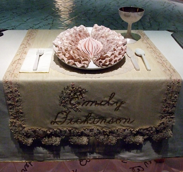 Setting for Emily Dickinson in the Dinner Party by Judy Chicago in the Brooklyn Museum, August 2007