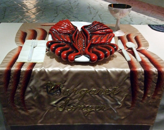 Setting for Margaret Sanger in the Dinner Party by Judy Chicago in the Brooklyn Museum, August 2007