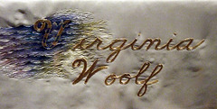 Detail of the Tablecloth for Virginia Woolf in the Dinner Party by Judy Chicago in the Brooklyn Museum, August 2007