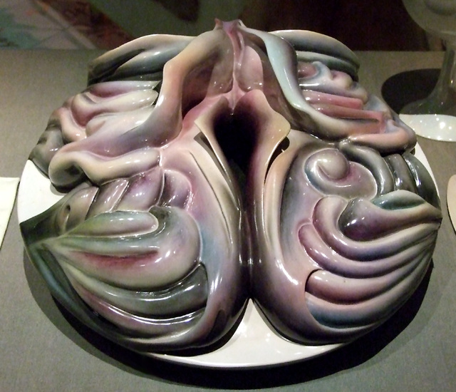 Detail of the Plate for Georgia O'Keeffe in the Dinner Party by Judy Chicago in the Brooklyn Museum, August 2007