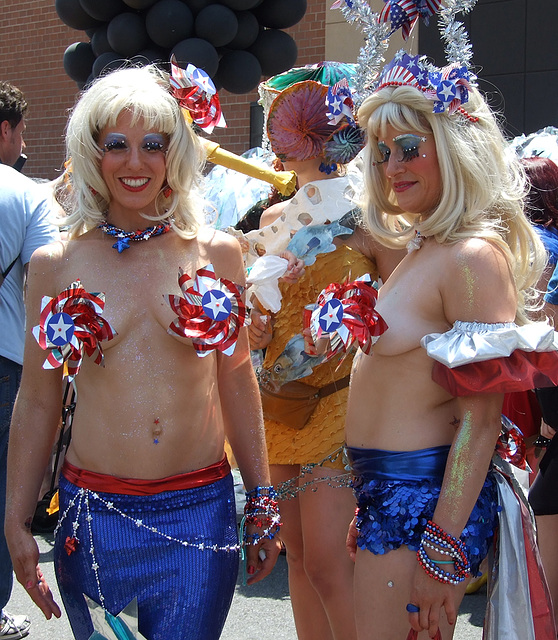 Blonde Mermaids in Red, White, and Blue at the Coney Island Mermaid Parade, June 2010