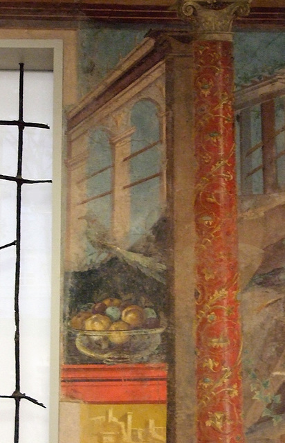 Detail of a Jeweled Column, Peacock, and Bowl of Fruit in the Bedroom from the Roman Villa of Villa of P. Fannius Synistor at Boscoreale in the Metropolitan Museum of Art, Sept. 2007