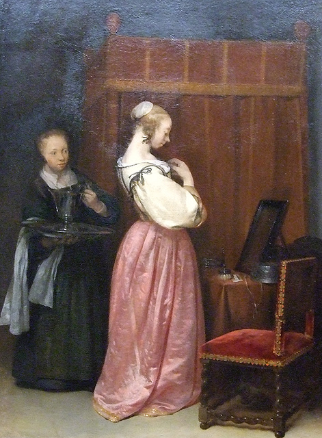 Detail of A Young Woman at Her Toilet with a Maid by Gerard ter Borch in the Metropolitan Museum of Art, January 2010