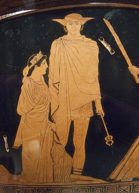 Detail of Persephone and Hermes on the Terracotta Bell Krater Attributed to the Persephone Painter in the Metropolitan Museum of Art, November 2009