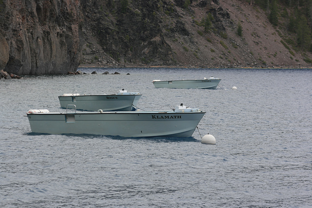 Boats on Crater Lake, Oregon, USA.