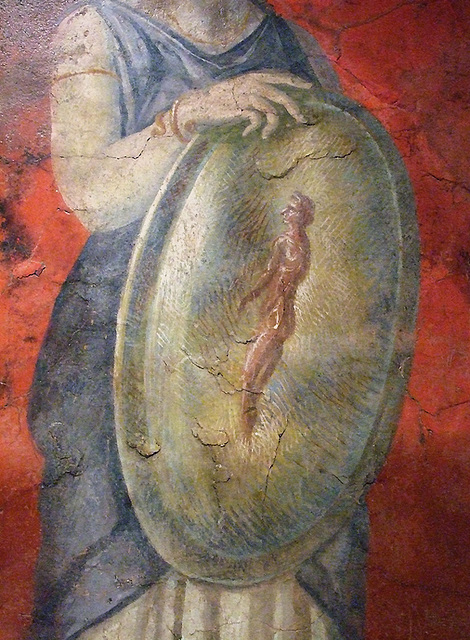 Detail of the Standing Woman Holding a Shield Wall Painting from the Villa of P. Fannius Synistor at Boscoreale in the Metropolitan Museum of Art, Sept. 2007
