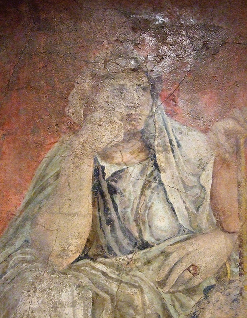 Detail of the Man and Woman Seated Side by Side Wall Painting from the Villa of P. Fannius Synistor at Boscoreale in the Metropolitan Museum of Art, Sept. 2007