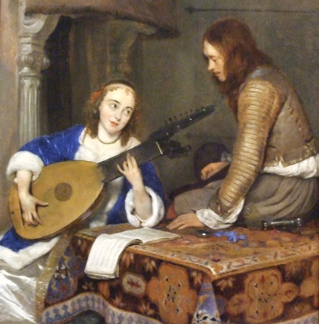 Detail of A Woman Playing the Theorbo-Lute and a Cavalier by Gerard ter Borch in the Metropolitan Museum of Art, December 2010