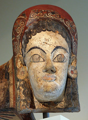 Detail of an Etruscan Painted Terracotta Antefix with the Head of a Woman in the Metropolitan Museum of Art, Sept. 2007