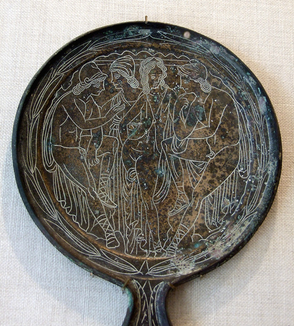 Detail of an Etruscan Bronze Mirror with Minerva and the Dioskouri in the Metropolitan Museum of Art, Sept. 2007