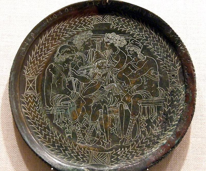 Detail of a Bronze Etruscan Mirror with Achilles, Thetis, Odysseus, Helen, and Menelaus in the Metropolitan Museum of Art, November 2010