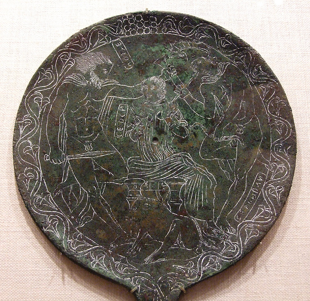 Detail of an Etruscan Bronze Mirror with Odysseus, Circe, and Elpenor in the Metropolitan Museum of Art, November 2010