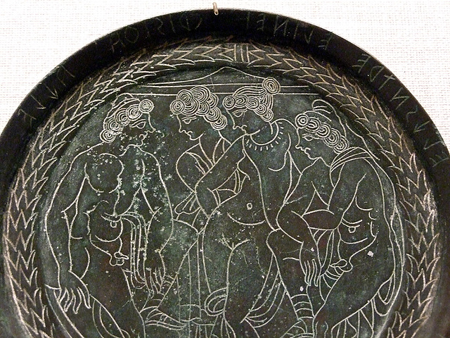 Detail of an Etruscan Bronze Mirror with a Scene from the Trojan War in the Metropolitan Museum of Art, November 2010