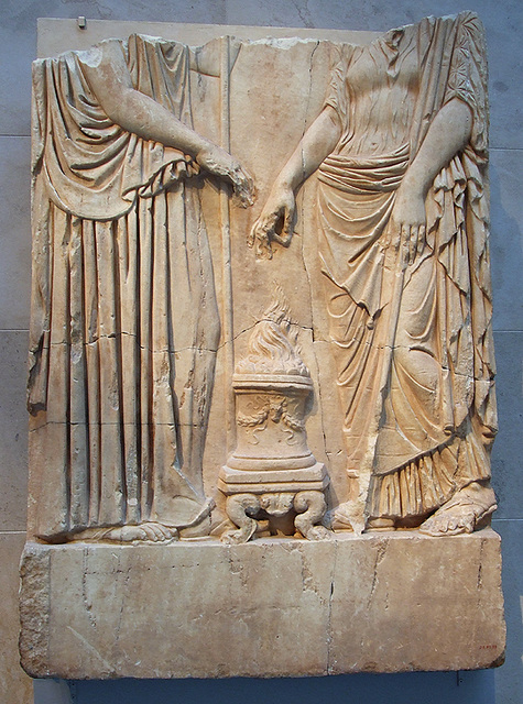 Lower Part of an Ancient Greek Marble Relief Showing Two Goddesses and an Altar in the Metropolitan Museum of Art, July 2007