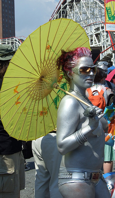 Silver Mermaid with a Parasol at the Coney Island Mermaid Parade, June 2008