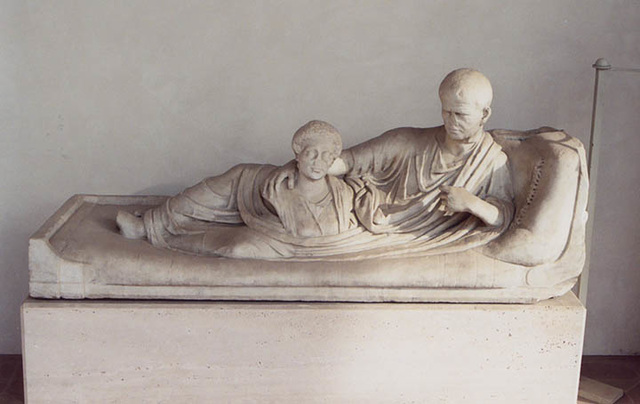 Reclining Couple on a Sarcophagus in the Baths of Diocletian in Rome, December 2003