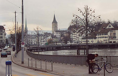 View of St. Peter's Kirche & the Limmat River in Zurich, Nov. 2003