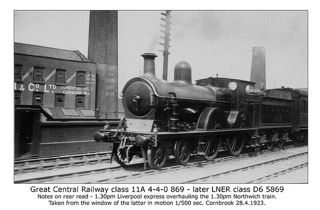 GCR cl 11A 4 4 0 869 LNER cl D6 5869 Cornbrook 28 4 1923 WHW