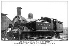 HBR cl F2 0 6 2T 104 LNER class N12 3104 then 2485 Cudworth - 16.2.1924 - WHW