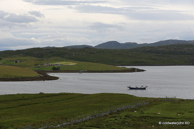 View down to the bay and The Sleeping Woman, from Callanish Stone Circle #1