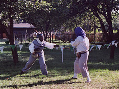 Marian and Targai Fencing at Queens Farm, Sept. 2004