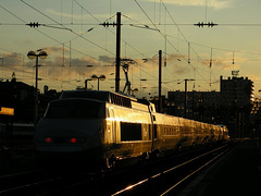 Besançon: Levé de soleil sur un TGV.