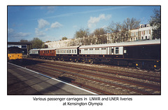 Various carriages in LNER & LNWR-style liveries Kensington Olympia 1990s