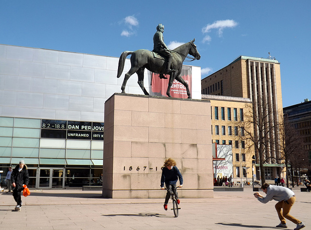 The Statue of Mannerheim and Kiasma in Helsinki, April 2013