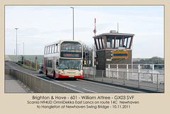 B&H Scania Omnidekka 601 at Newhaven swing bridge 10 11 2011