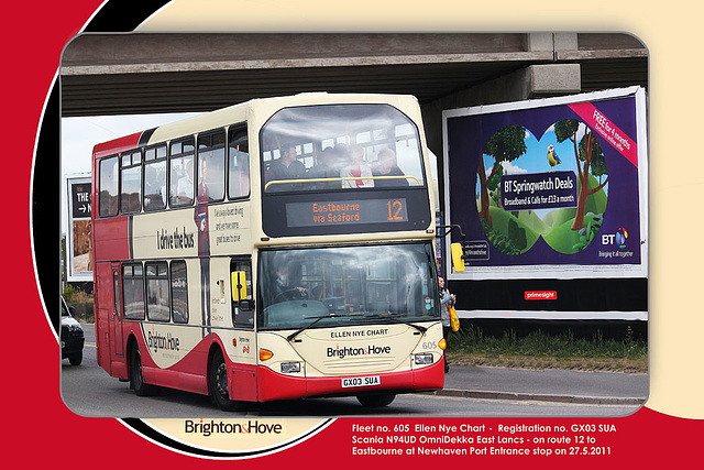 Brighton & Hove Buses 605 Ellen Nye Chart at Newhaven Port stop on 27.5.2011