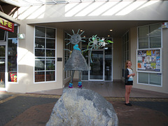 Mira and a knitty grafitti decorated statue, Devonport, New Zealand