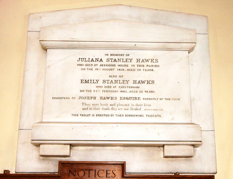 Memorial to Juliana and Emily Hawks, St Thomas' Church, Newcastle upon Tyne