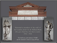 Memorial to staff of London, Joint City & Midland Bank 1914-18 Canary Wharf London