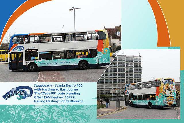 Stagecoach Scania Enviro 400 -fleet no.15772 leaving Hastings station  for Eastbourne - 2.3.2012