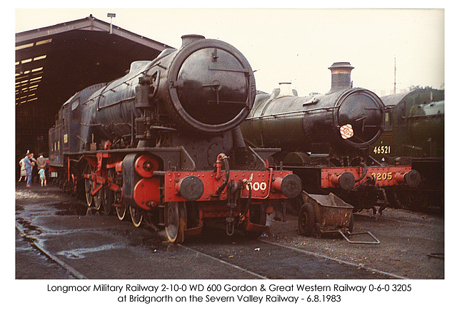 LMR 2-10-0 600 Gordon & GWR 0-6-0 3205 at Bridgnorth on the Severn Valley Railway on 6.8.1983