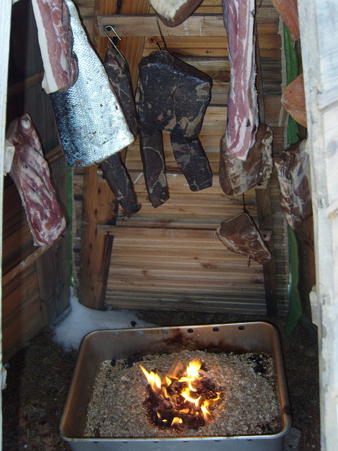 beef, pork and salmon