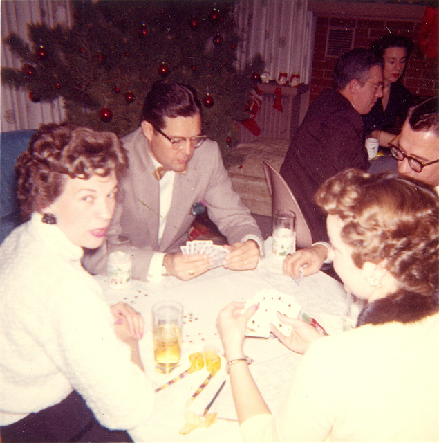 Jane Hentze, Buck Warren, Kieth Bamberger, Jane Whitlock; Horton and Wilma Bamberger in background. New Year's Eve, 1959